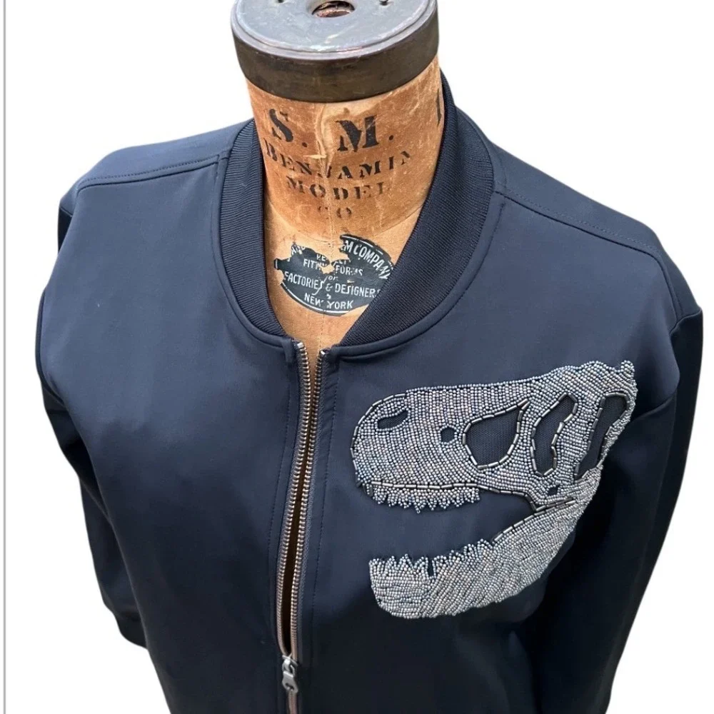 New Arieta Bomber Women Black Beaded Dinosaur Skull Athleisure Sz M Grunge NWT - Picture 9 of 17